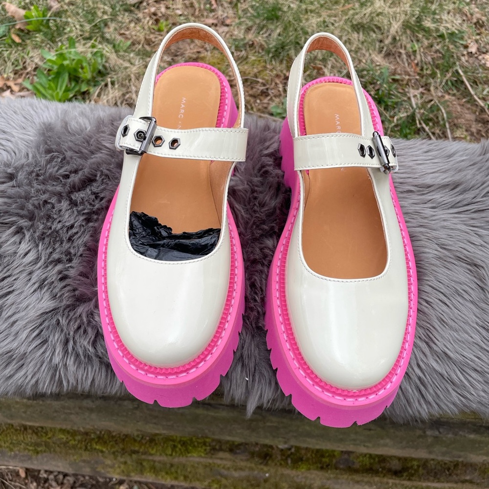 New Marc Nolan Luna Cream/Pink Leather Mary Jane Lug Slingbacks Size 5 - Picture 3 of 15